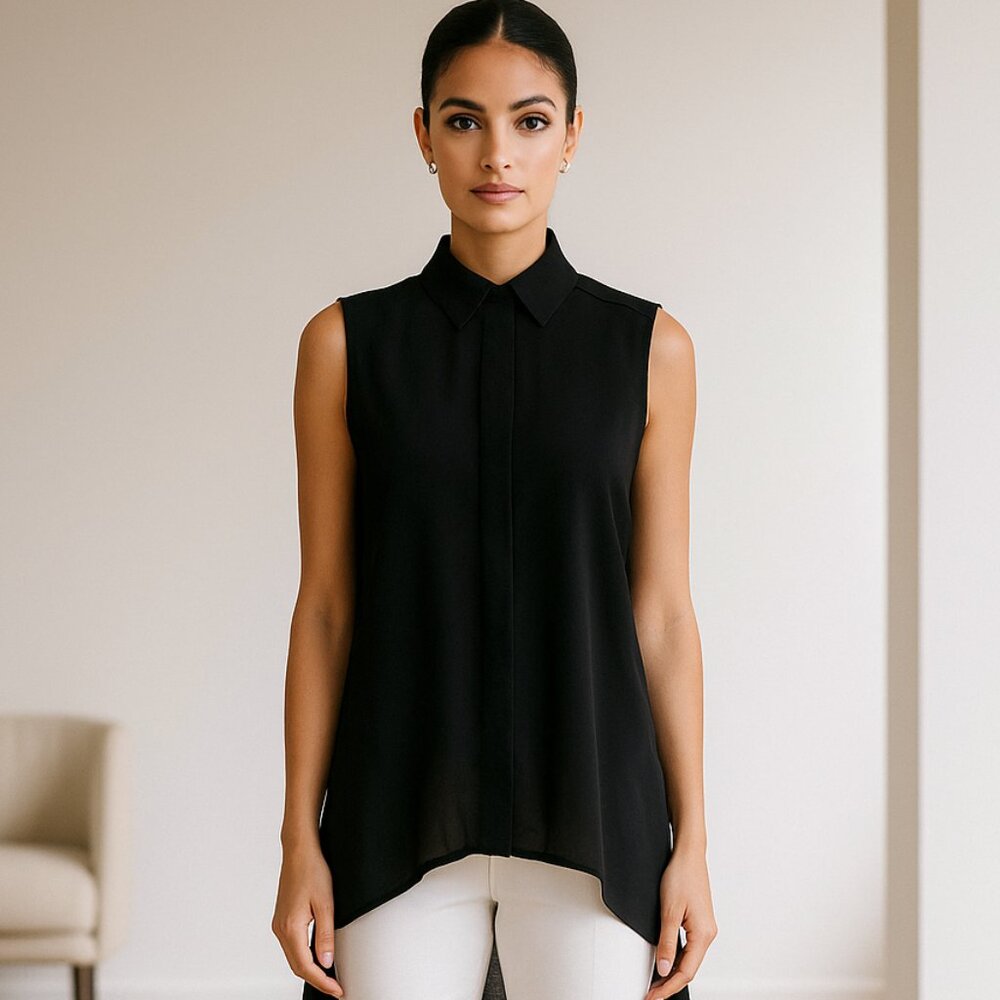 Women S Black Sleeveless Sheer High Low Back Pleated Witchy Gothic Button Up Top